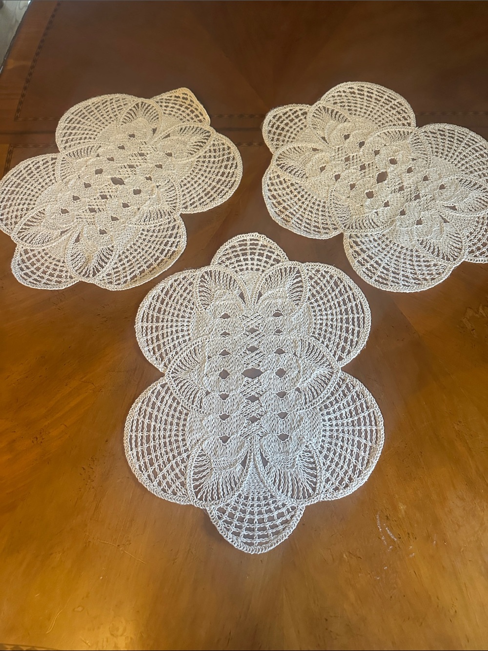 NEW SET IVORY & SILVER LACE FLORAL DOILIES